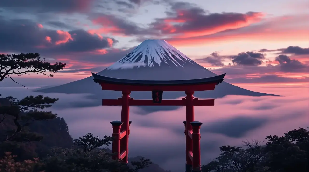 热门影视杂志封面，朱红鸟居与富士山